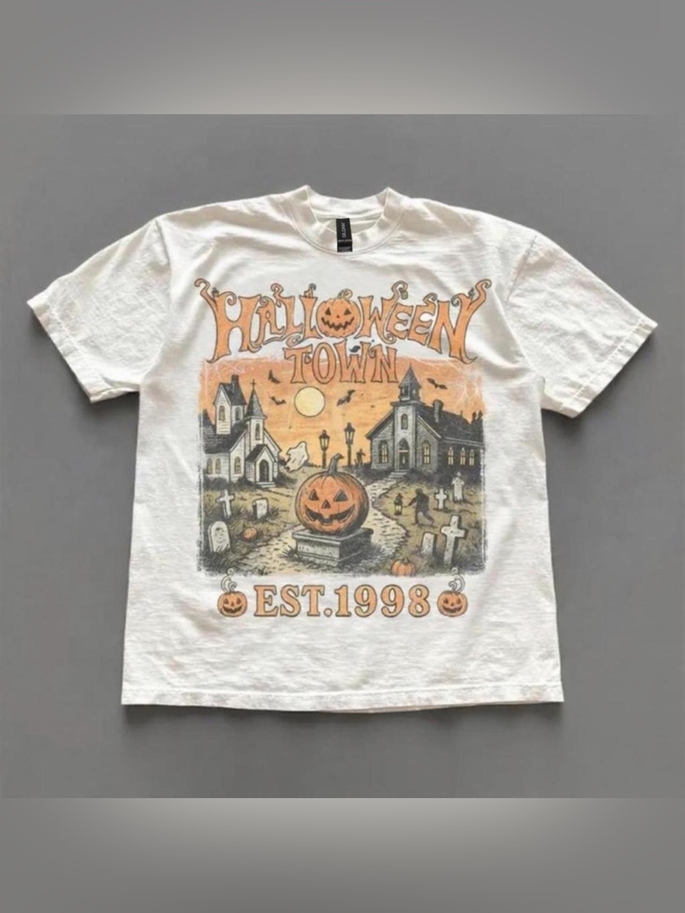 Gildan White Halloween Town Graphic Tee with Orange Accents